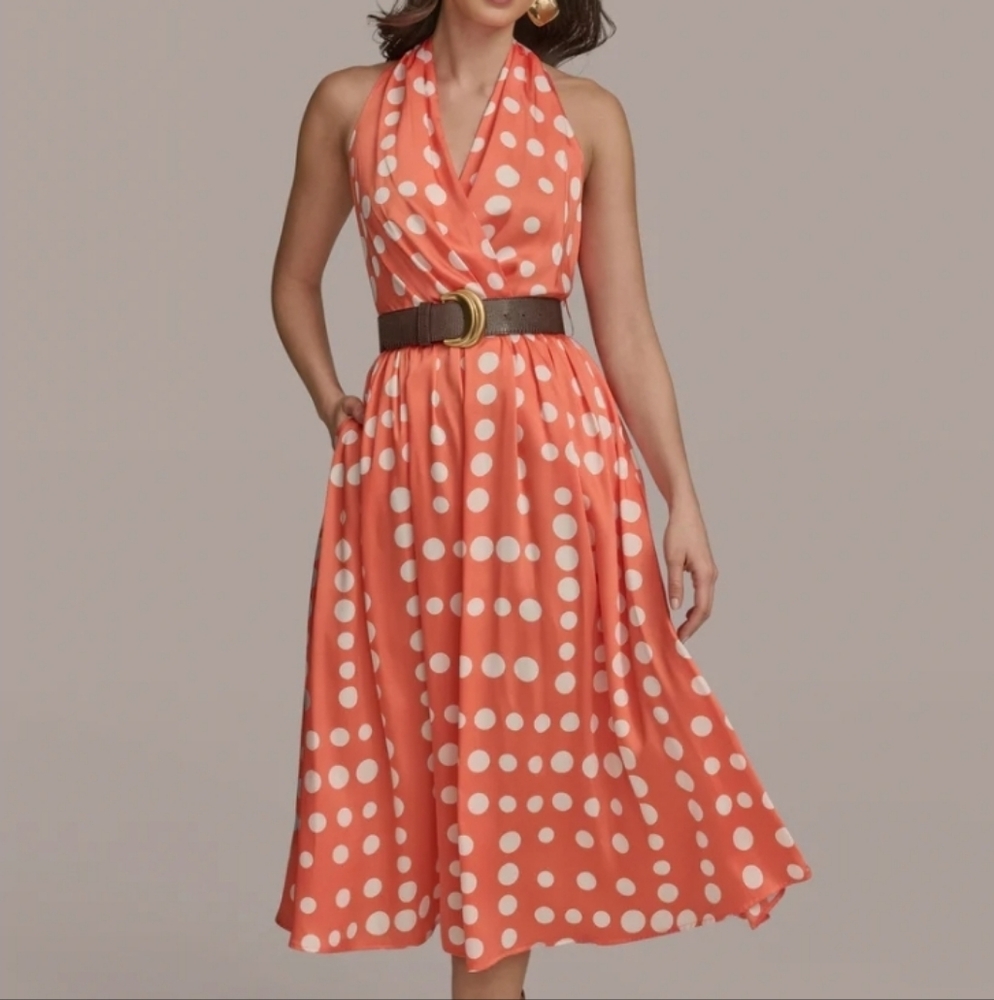 Donna Karan Coral Polka Dot Midi Dress